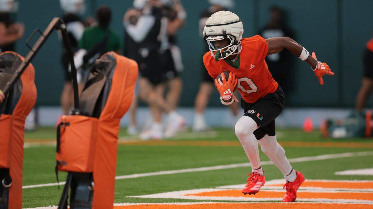 Miami Hurricanes wide receiver Joshisa Trader (0) works out during spring practice at the Carol Soffer Indoor Practice Facility at the University of Miami in Coral Gables, Florida, Monday, March 3, 2025.