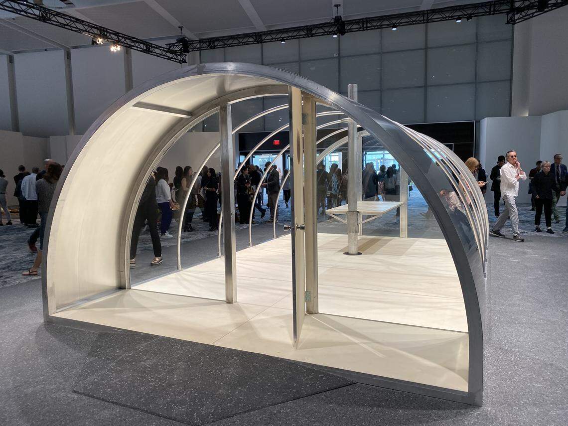 Oscar Tuazon’s “Quonset Tent, 2016” is on display at Meridians at Art Basel Miami Beach 2019. 