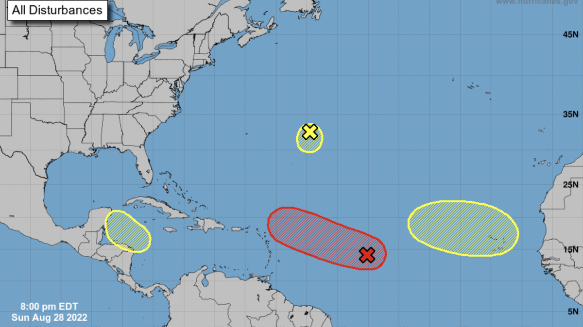 Projected paths of the four weather systems in the Atlantic Ocean as of Aug. 28, 8 p.m.