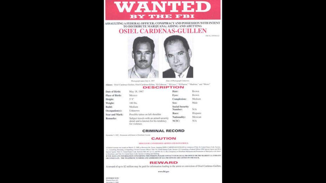 An FBI wanted poster seeking Osiel Cárdenas Guillén.
