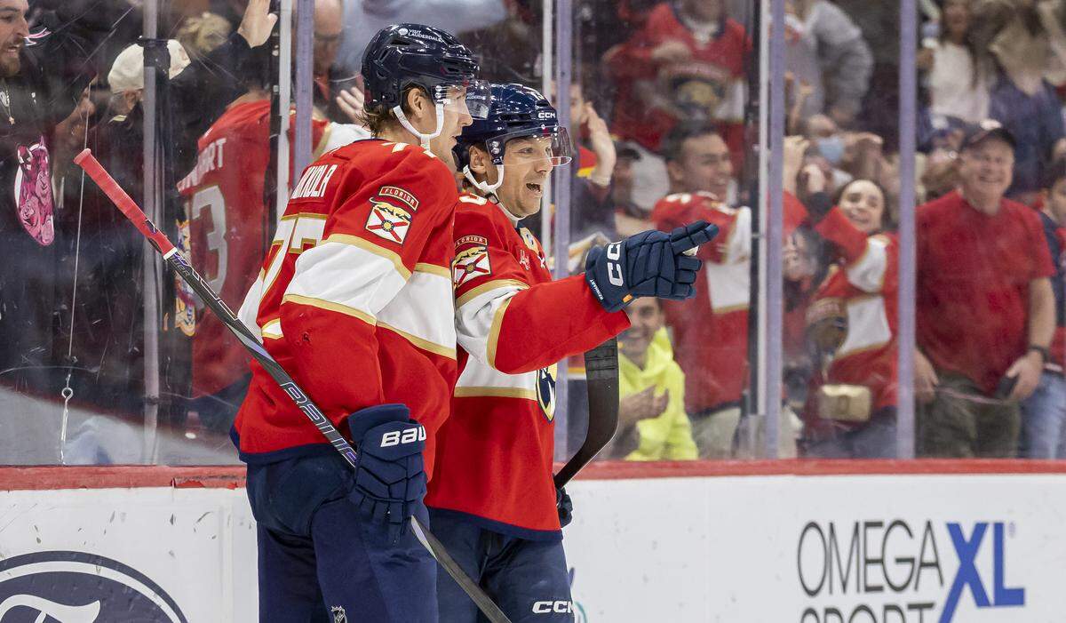 Florida Panthers center Sam Reinhart (13) reacts after scoring a goal against Dallas Stars in the second period of an NHL game at Amerant Bank Arena on Saturday, Nov. 1, 2025, in Sunrise, Fla.