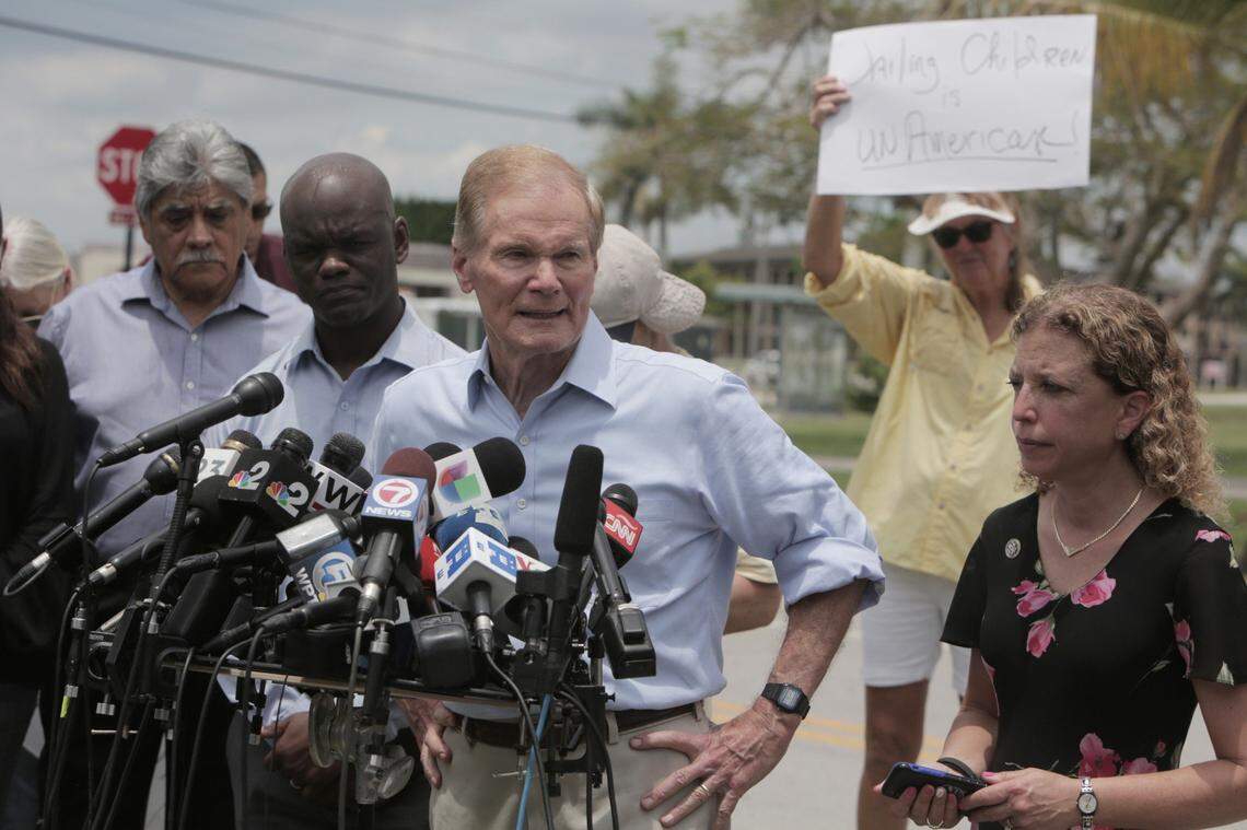 U.S. Democratic Sen. Bill Nelson and U.S. Rep. Debbie Wasserman Schultz, also a Democrat, speak to reporters outside the Homestead Temporary Shelter for Unaccompanied Children after they were denied entry. Nelson and Wasserman Schultz sought access after it was revealed that children separated from their parents at the Mexican border were being held there, along with unaccompanied minors. The two lawmakers were later allowed to go inside.