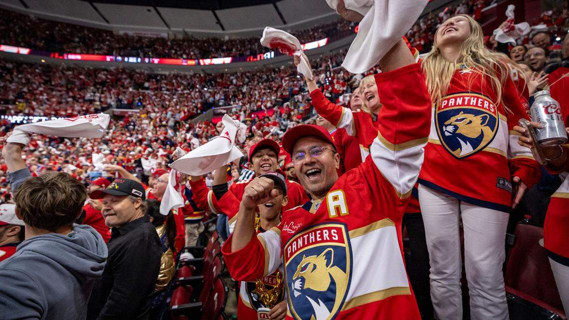 Fans celebrate following the Panther’s second goal during the first period of Game 3 in the NHL Stanley Cup Final series at Amerant Bank Arena on Monday, June 9, 2025, in Sunrise, Fla.