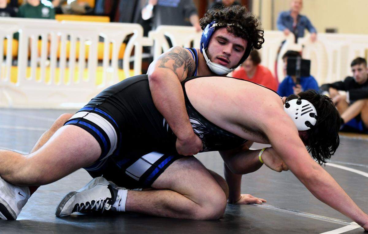 South Dade senior state champion Sawyer Bartelt picks up a semifinal win in a 215-pound match on Saturday at the FHSAA Duals wrestling state championships at Osceola High School in Kissimmee, Fla.
