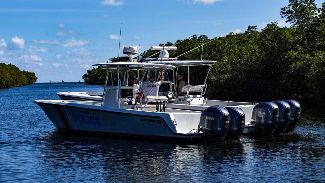 Coral Gables and Miami-Dade marine patrol officers park their vessels inside the Snapper Creek Canal by R. Hardy Matheson Preserve on Wednesday, Feb. 5, 2025, in Coral Gables, Fla.