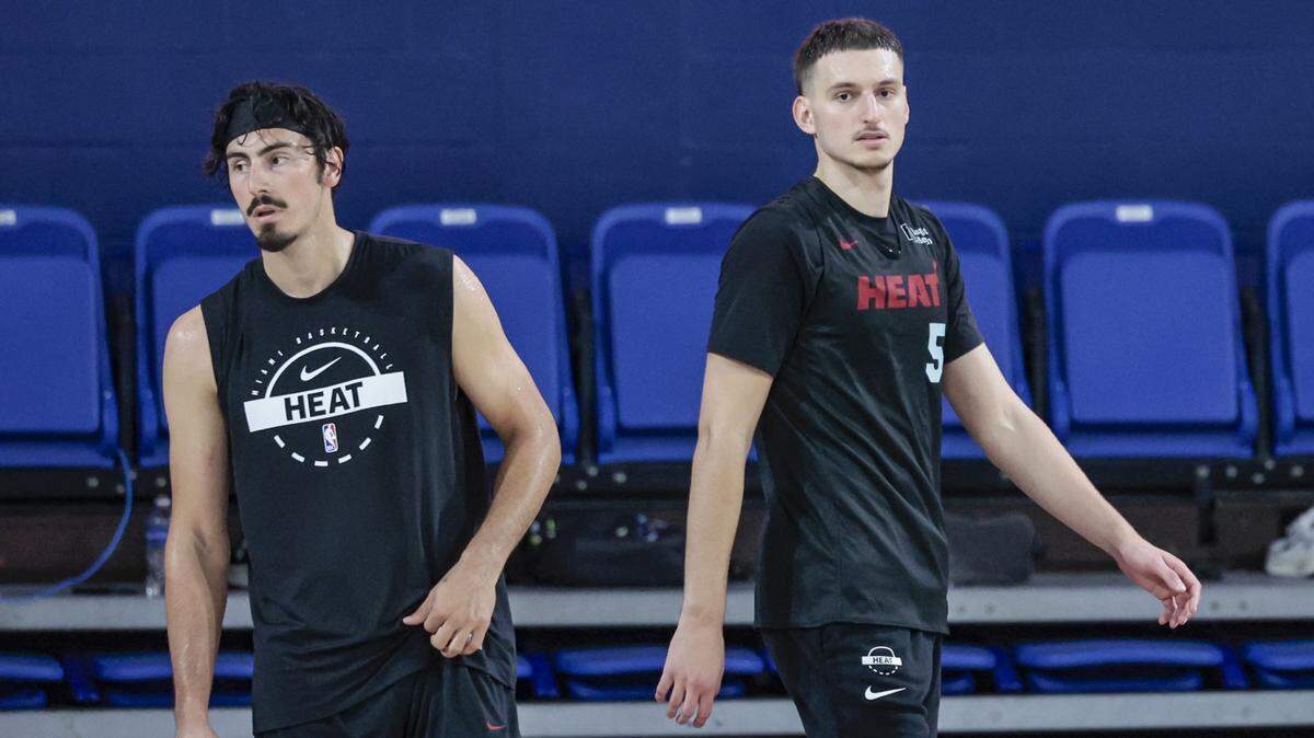 Miami Heat forward Nikola Jovic (5) on the court with Miami Heat guard Jaime Jaquez Jr. (11) during training camp at Abessino Court at Eleanor R. Baldwin Arena at Florida Atlantic University in Boca Raton, Florida, on Thursday, October 2, 2025. 