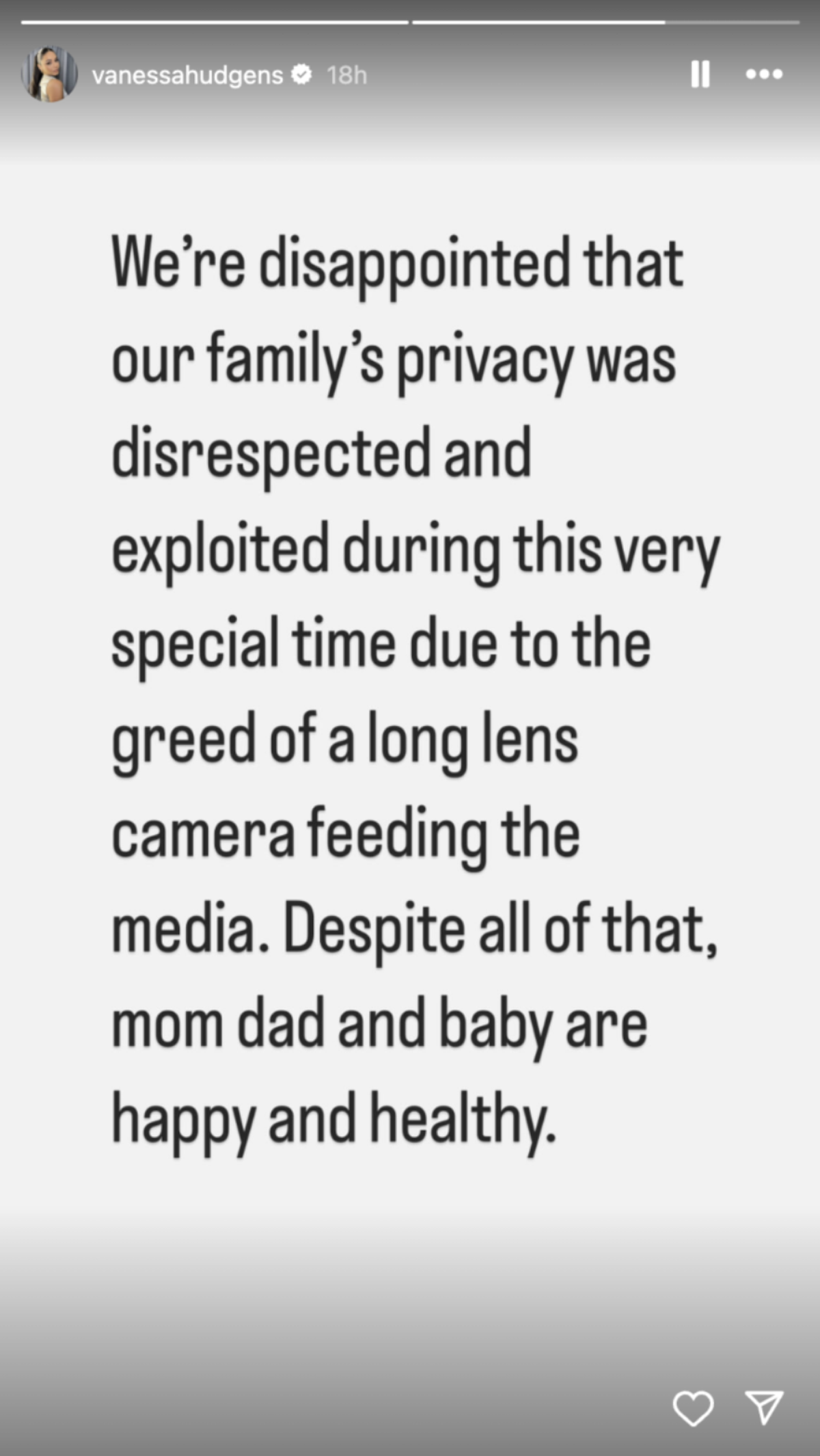 Vanessa Hudgens expressed her disappointment with the paparazzi.