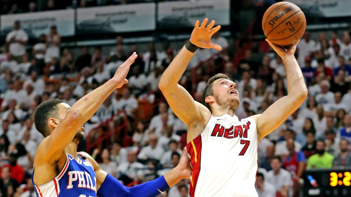 The Miami Heat's Goran Dragic leaps for a basket as the Philadelphia 76ers' Ben Simmons fails to defend in the first quarter in Game 4 of the first-round NBA playof series. The Sixers went on to win the game at AmericanAirlines Arena in Miami, Florida, April 21, 2018, to take a 3-1 series lead.