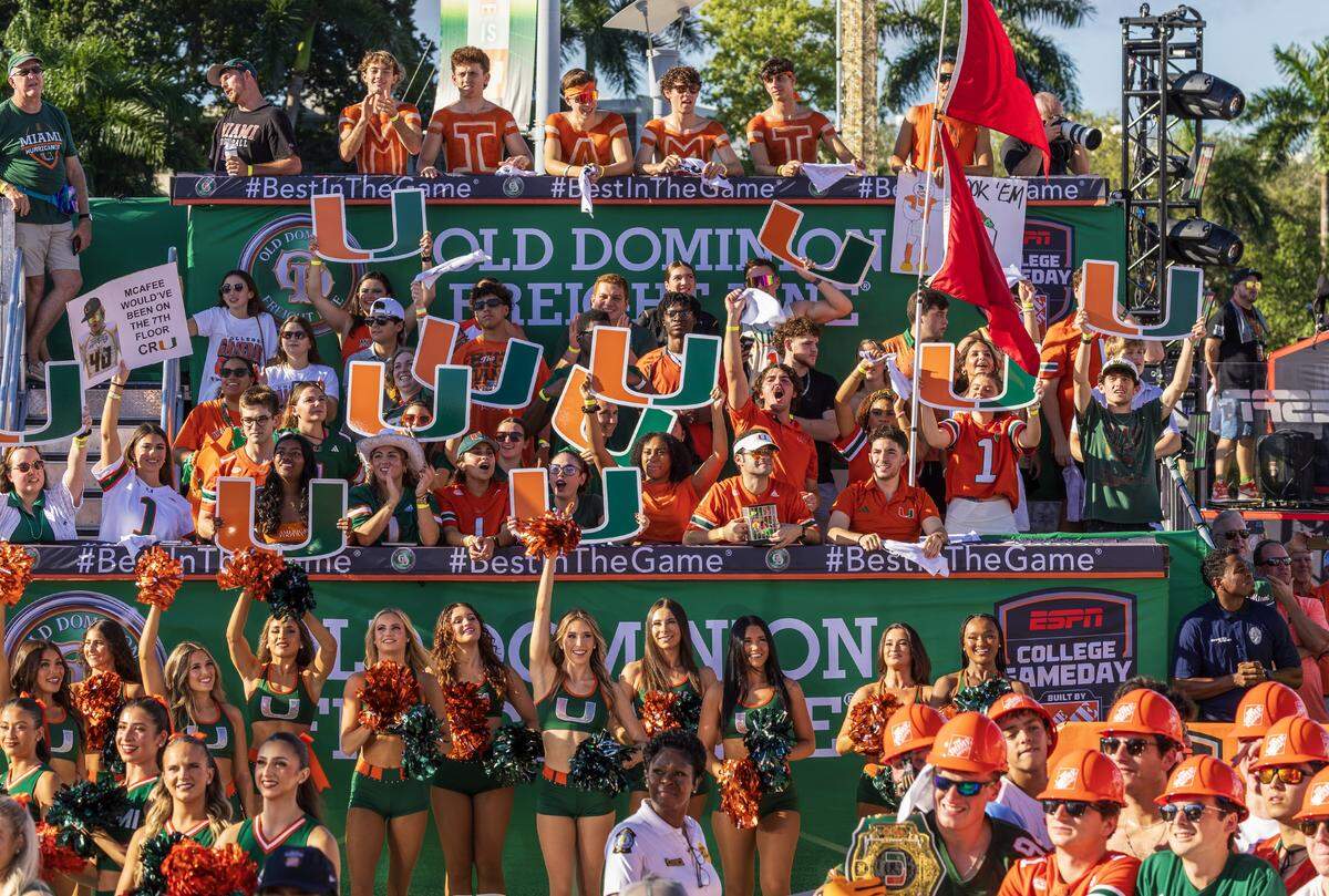 University of Miami Hurricanes fans gathered in Coral Gables during the ESPN's College GameDay, live broadcasting, celebrating the Hurricanes ahead of their game against the Florida Gators, on Saturday September 20, 2025.