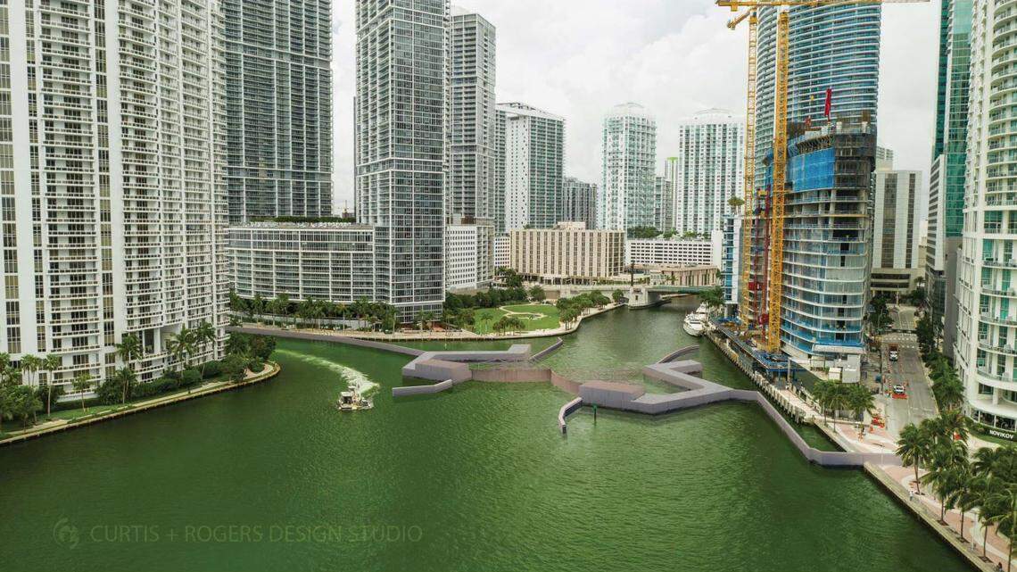 A rendering depicting what the Army Corps of Engineers’ proposed flood gate designed to protect downtown Miami from storm-surge flooding might look like.