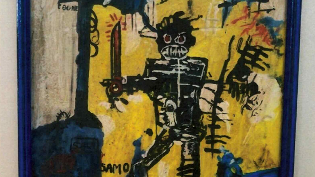 A fake artwork purported to be by Jean-Michel Basquiat. The FBI accused South Florida art dealer Daniel Bouaziz with selling the work to an undercover agent for $12,000,000. A Basquiat expert confirmed to the FBI that the work is not legitimate.