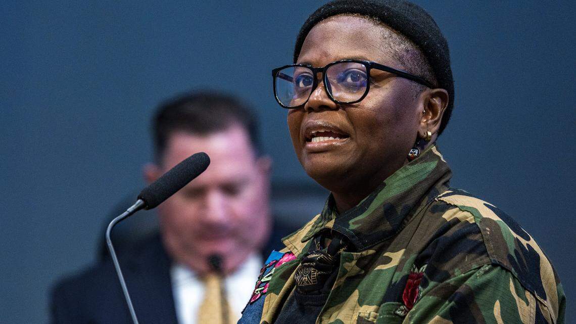 Dasha Saintremy, manager of the Little Haiti Cultural Center, speaks during a Civil Service Board meeting concerning her 3-days suspension, effective December 26, 2025, as she disputing her suspension by the city's parks and recreation department. at Miami City Hall, on Tuesday, February 03, 2026.