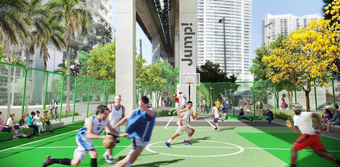 A rendering of a planned basketball court that is one of the elements of a half-mile stretch of the Underline multi-use trail and park beneath the Metrorail tracks in Brickell that’s set to break ground on Nov. 1.