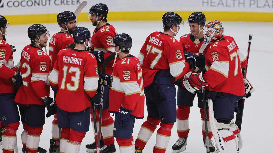 Dec 23, 2023; Sunrise, Florida, USA; Florida Panthers goaltender Sergei Bobrovsky (72) celebrates with teammates after winning the game against the Vegas Golden Knights at Amerant Bank Arena.
