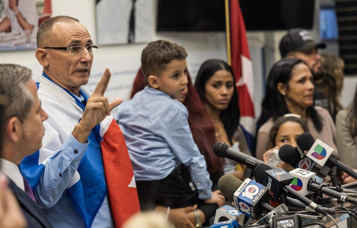 Cuban dissident leader José Daniel Ferrer speaks to reporters with his wife, son and relatives during a news conference at the Cuban American National Foundation in Little Havana on Monday, Oct. 13, 2025, after arriving in Miami. The Cuban government released Ferrer from prison and sent him and his family into exile in the United States.