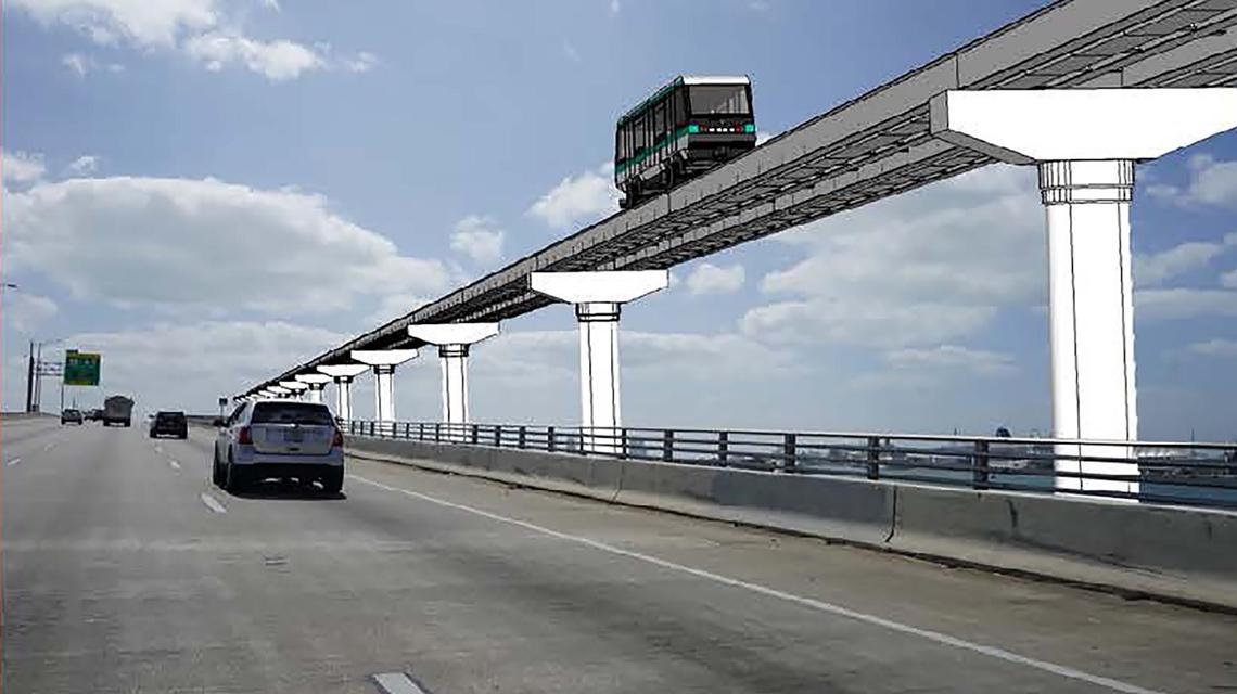 A rendering of how a new “people-mover” train could operate on elevated tracks on the MacArthur Causeway between Miami and Miami Beach.