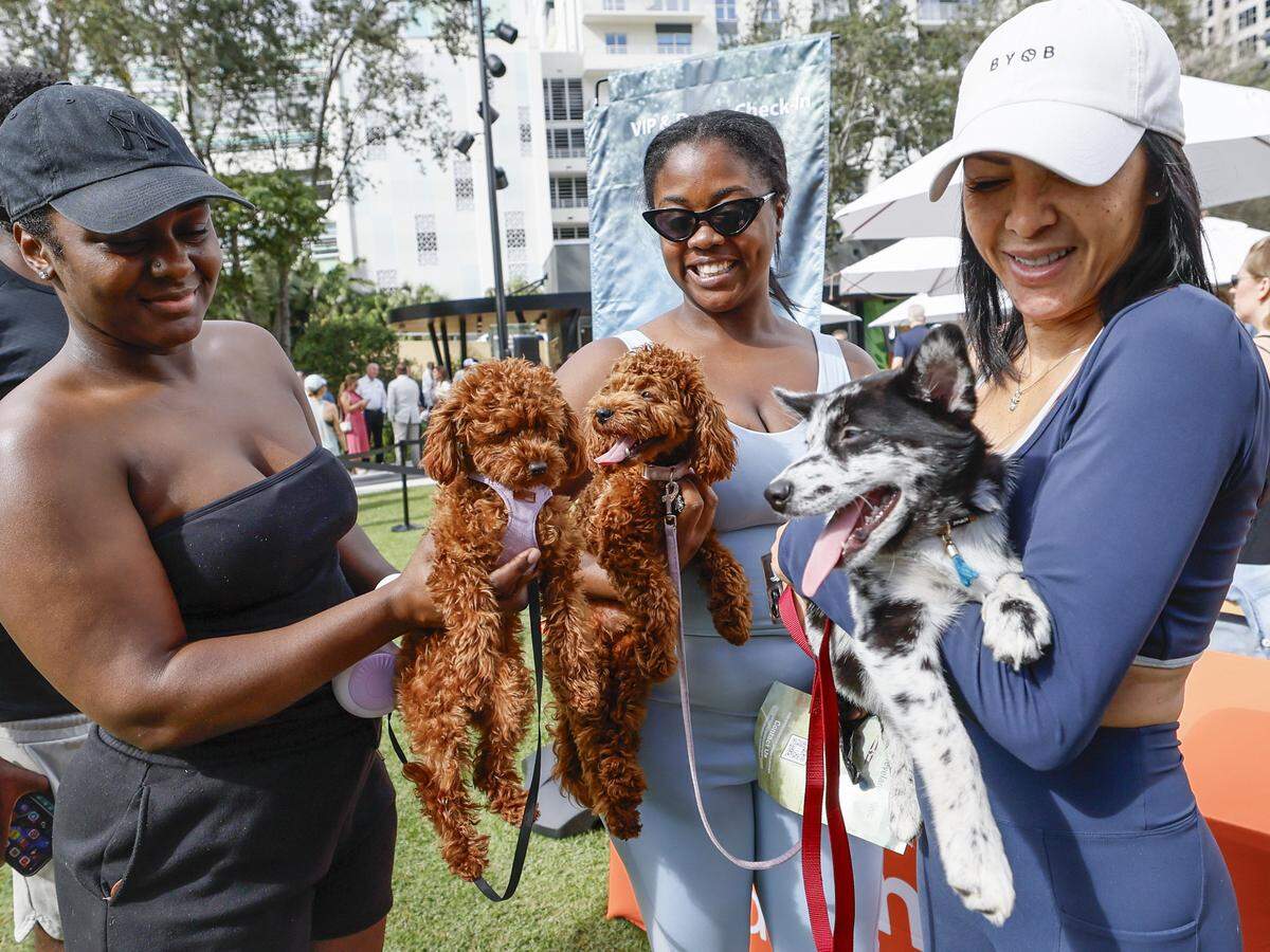 Imani Jacinthe, holding Mia, Jessica Alexandra, holding Lily and Yulissa Parra holding Aspen, as they visit Huizenga Park as it reopens after a major renovation with a ribbon cutting ceremony in Fort Lauderdale, Florida, on Saturday, January 24, 2026.