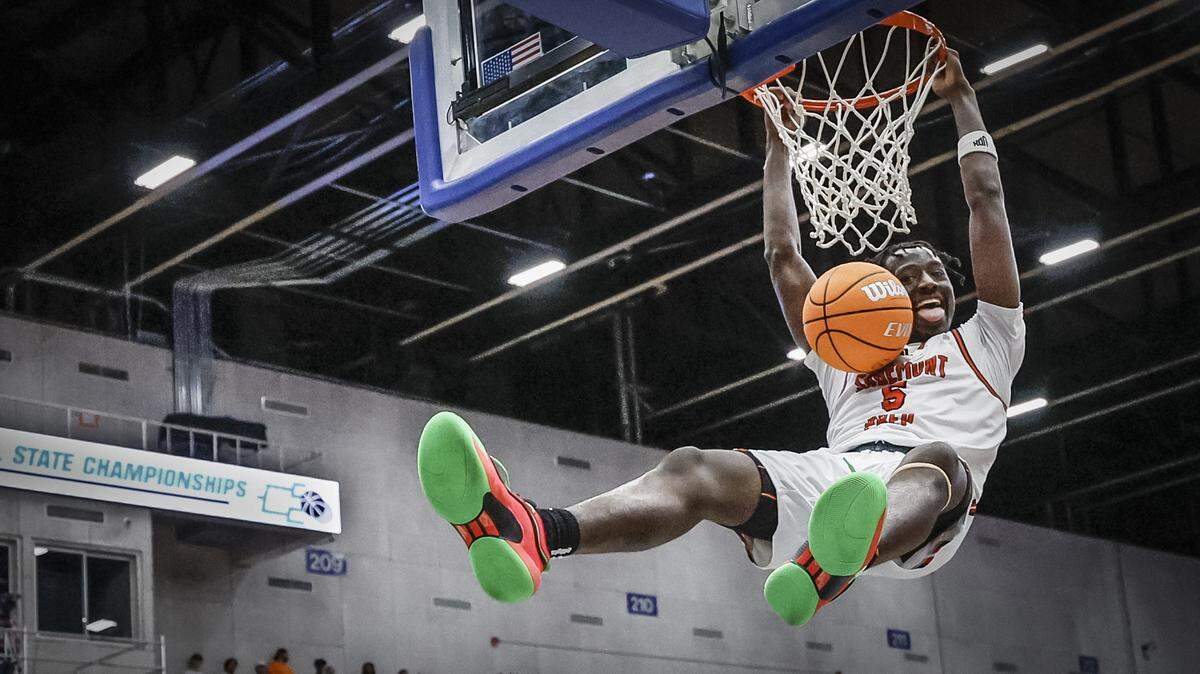 Sagemont’s Patrick Liburd (5) dunks the ball against Victory Christian Academy in the second half during boy’s 1A basketball State Final of the Florida High School State Championships at the RP Funding Center in Lakeland, Florida on Thursday, February 27, 2025.