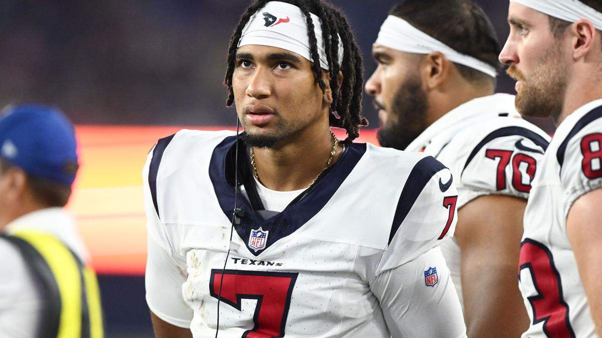 Houston Texans quarterback C.J. Stroud (7) watches from sidelines during game against New England Patriots at Gillette Stadium on August 10, 2023 in Foxborough, Mass.