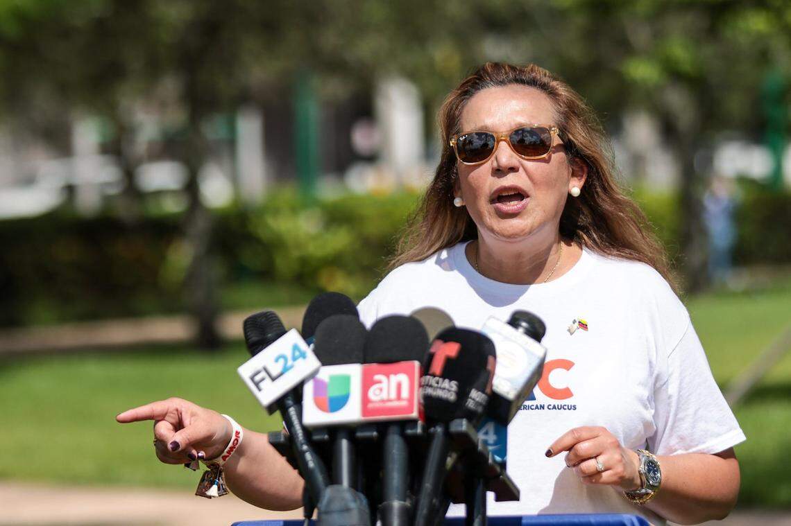 Adelys Ferro, Director of Venezuelan-American Caucus denounces the flights by Governor Ron DeSantis of Venezuelan asylum seekers. On Thursday, Sept. 15, 2022, Venezuelan leaders denounced the DeSantis-Nuñez administration for flights of Venezuelan asylum seekers to Martha’s Vineyard during a press conference in Doral, Florida.