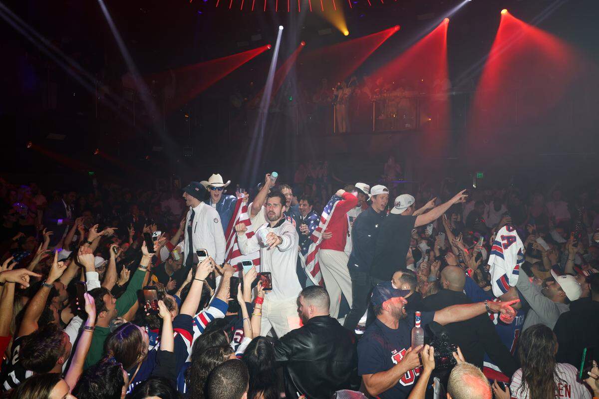 MIAMI, FLORIDA - FEBRUARY 23: Team USA Men's Hockey attends a celebration of the USA Men's Hockey Team's Olympic Gold at E11EVEN Miami on February 23, 2026 in Miami, Florida.  (Photo by Alexander Tamargo/Getty Images for E11EVEN Miami)