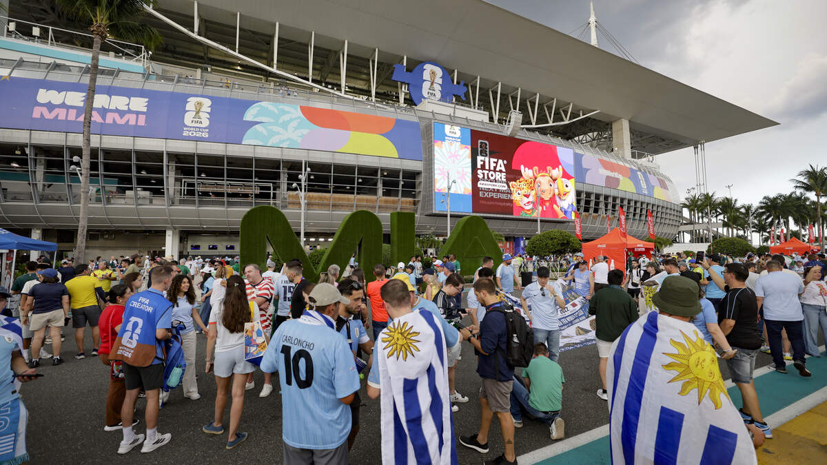 Soccer fans arrive at Miami Stadium before the start of Uruguay against Saudi Arabia FIFA World Cup opening match on Monday, June 15, 2026.