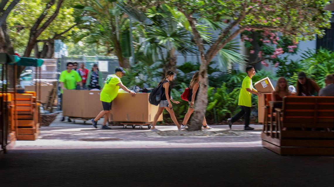 On Tuesday, University of Miami freshmen moved with parents in tow into the Mahoney and Pearson residential colleges at its Coral Gables, Florida, campus.