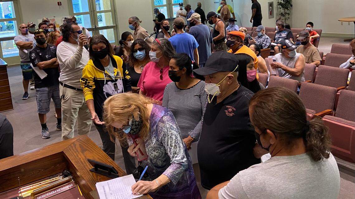 Dozens of residents of Florida City Camp Site and RV Park sign up to speak at a Florida City commission meeting Tuesday, March 23, 2021. They are facing eviction from the city-owned community.