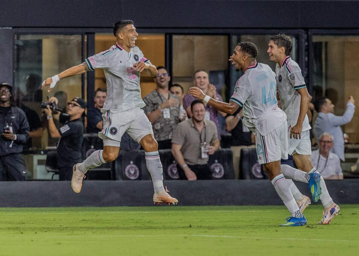 Inter Miami forward Luis Suárez (9) celebrates with his teammates after scoring a goal against Columbus Crew in the first half of their MLS match at Nu Stadium on Saturday, Aug. 1, 2026, in Miami, Fla.