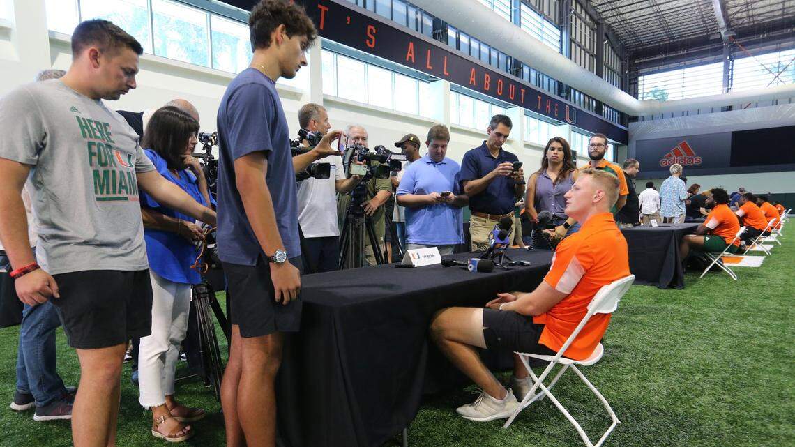Miami Hurricanes quarterback Tyler Van Dyke (9) speaks to reporters during Media Day in the Carol Soffer Indoor Practice Facility at the University of Miami on Tuesday, August 2, 2022.