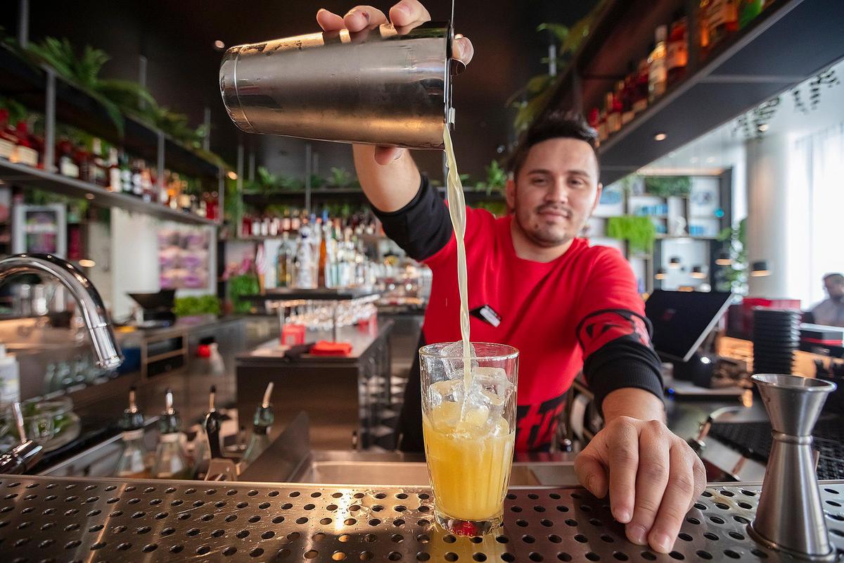 Bartender, Olvin Marquez makes drinks the “Citizen Jasmine and the “Spice Mango” at CitizenM Hotel in Miami Beach; 1200 Lincoln Rd., Miami Beach on Thursday September 5., 2024.