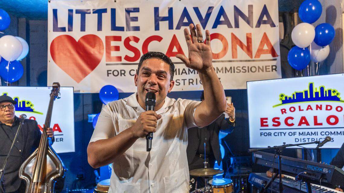 Rolando Escalona reacts after defeating Frank Carollo in the runoff election on Tuesday, Dec. 9, 2025. 