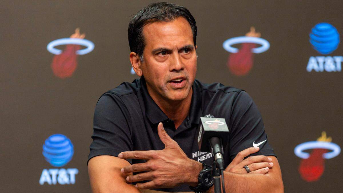 Miami Heat Head Coach Erik Spoelstra speaks to the media during a press conference at Kaseya Center on September 30, 2024.