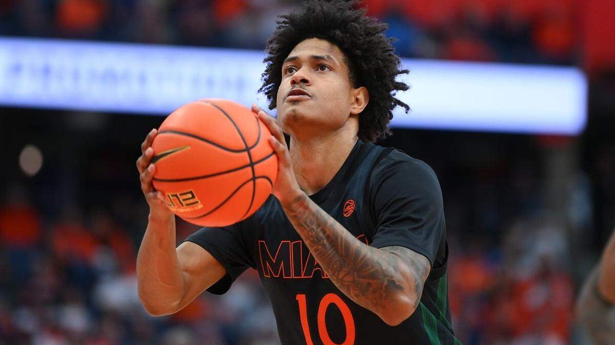 University of Miami guard Tru Washington made three consecutive free throws in the final seconds to seal a 77-76 road win over North Carolina State on Feb. 14, 2026 at the Lenovo Center.