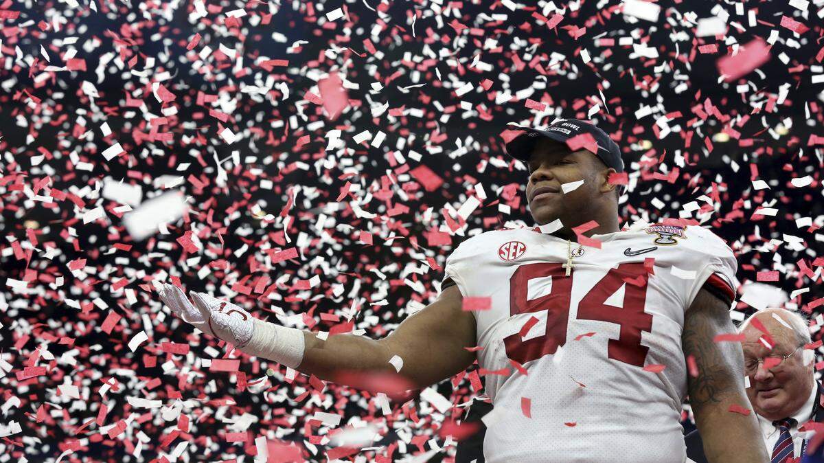 Alabama defensive lineman Da'Ron Payne (94) celebrates after being selected most valuable defensive player, after the Sugar Bowl semifinal playoff game against Clemson for the NCAA college football national championship, in New Orleans on Jan. 1. Alabama won 24-6 to advance to the national championship game.