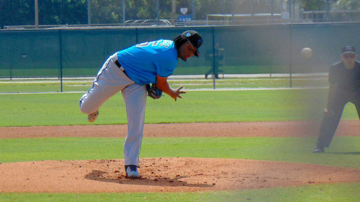 Miami Marlins top prospect Sixto Sanchez pitches during an extended spring training intrasquad game on Thursday, April 18, 2019, at the Roger Dean Chevrolet Stadium complex in Jupiter, Florida.