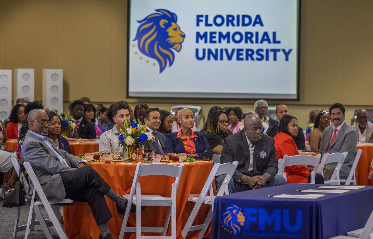 Attendees listened as officials speak during an event ahead of signing a historic lease agreement between Mr. McCormick and St. Johns County officials that paves the way for Florida's first Black History Museum - to be built on the sacred ground where the university was founded.” at Florida Memorial University in Miami Gardens, on Friday October 17, 2025.