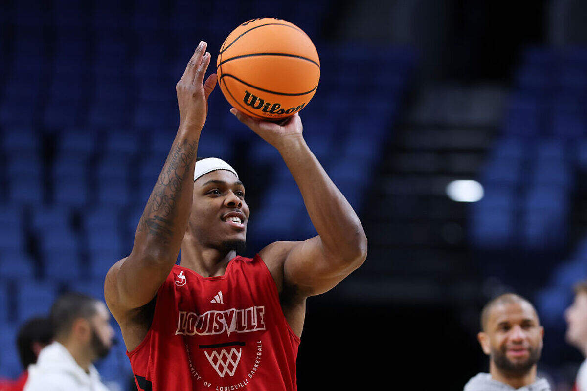 Ryan Conwell #3 of the Louisville Cardinals shoots the ball during practice day ahead of the first round of the 2026 NCAA Men's Basketball Tournament at KeyBank Center on March 18, 2026 in Buffalo, New York.