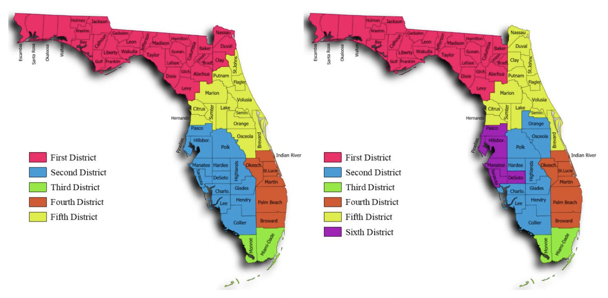 These maps show the current five appeals court districts and the new configuration of six districts.