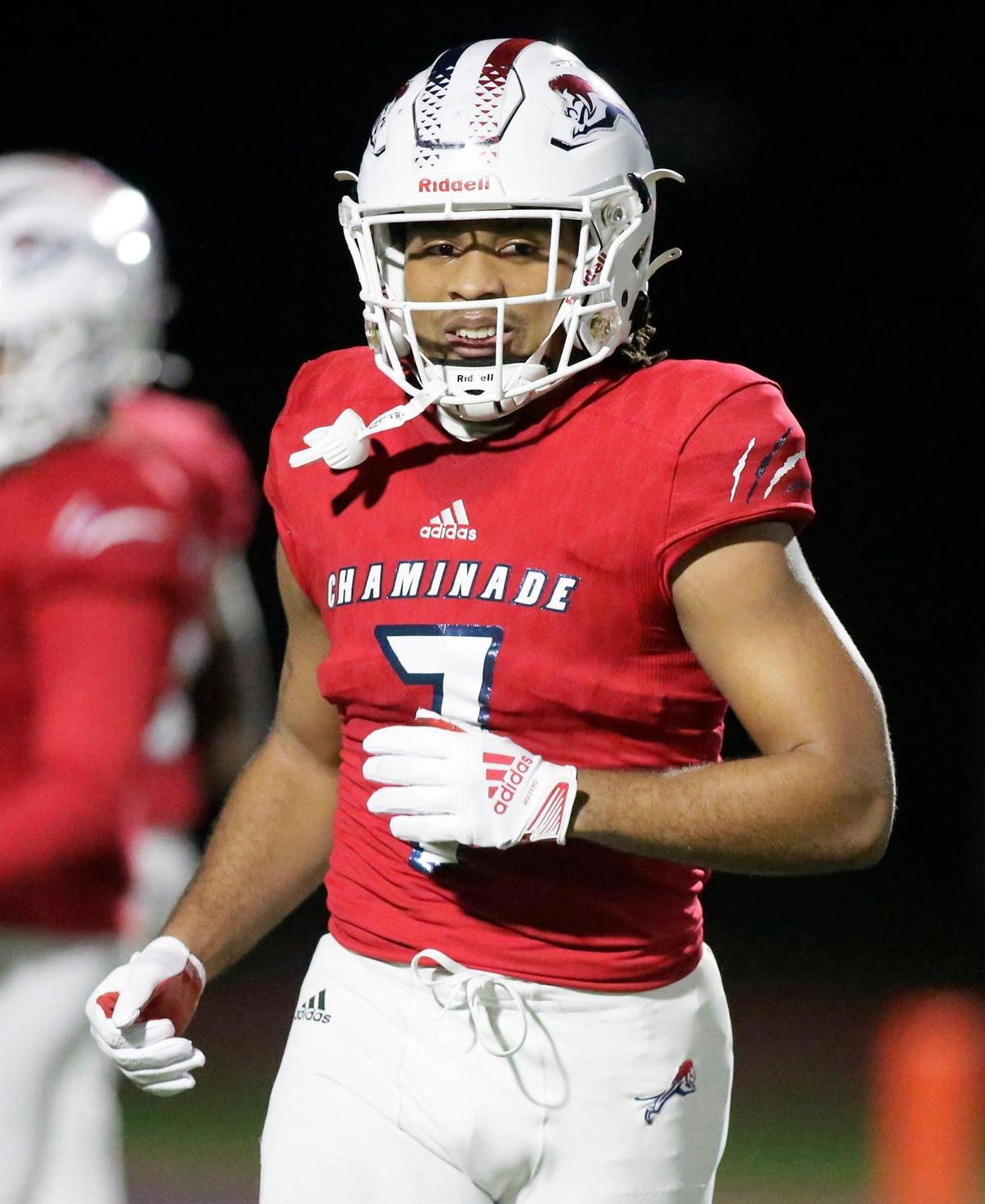 Chaminade-Madonna Lions running back Davion Gause during the state semifinal football game agains Archbishop Carroll Bulldogs on Friday, December 1, 2023 at Chaminade-Madonna School in Hollywood. Andrew Uloza / for Miami Herald