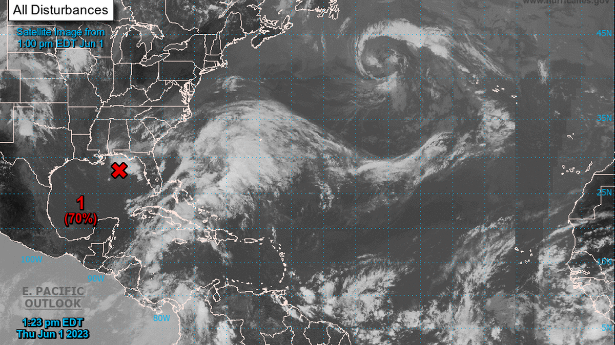 National Hurricane Center’s 2 p.m. Thursday, June 1, 2023, forecast map of potentional tropical system in the Gulf.