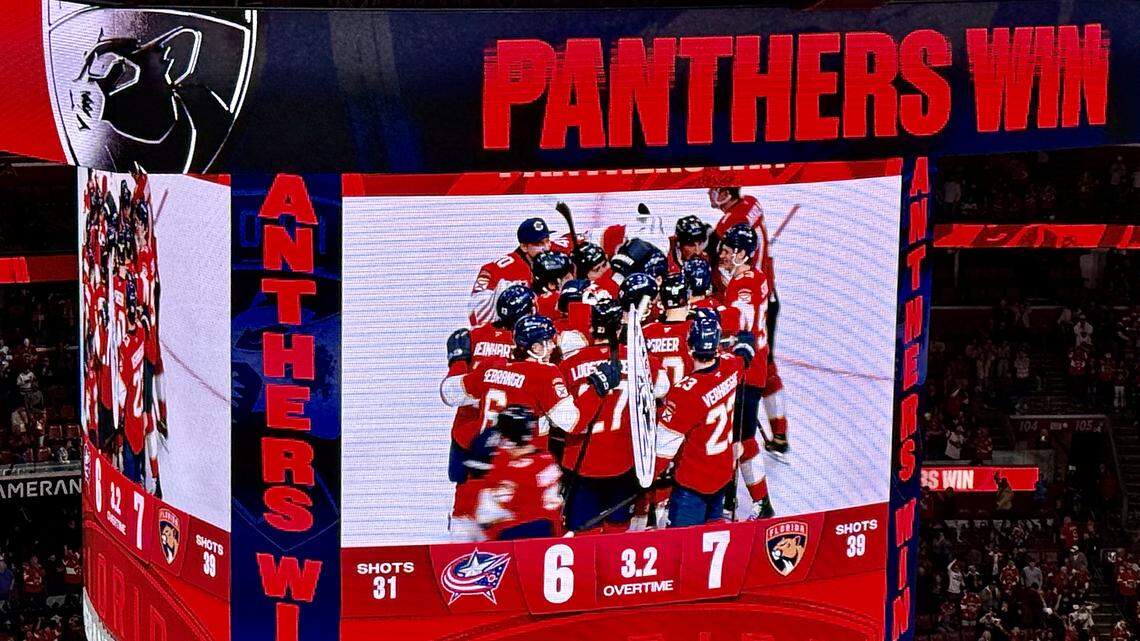 The Florida Panthers celebrate after Sam Bennett’s overtime goal against the Columbus Blue Jackets on Saturday, Dec. 6, 2025, at Amerant Bank Arena.
