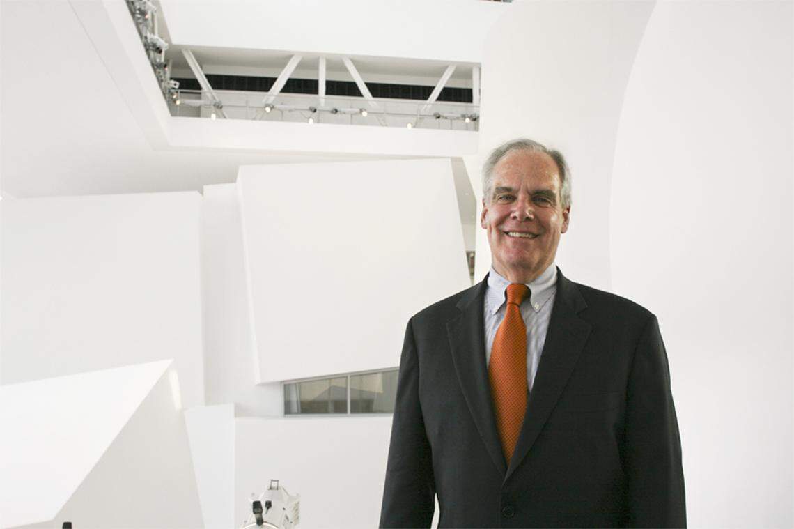 Howard Herring, the New World Symphony CEO, at the atrium of the New World Center in Miami Beach. New World Symphony was one of hundreds of Florida cultural nonprofit institutions affected by Gov. Ron Desantis’ veto of art grants from the state budget.