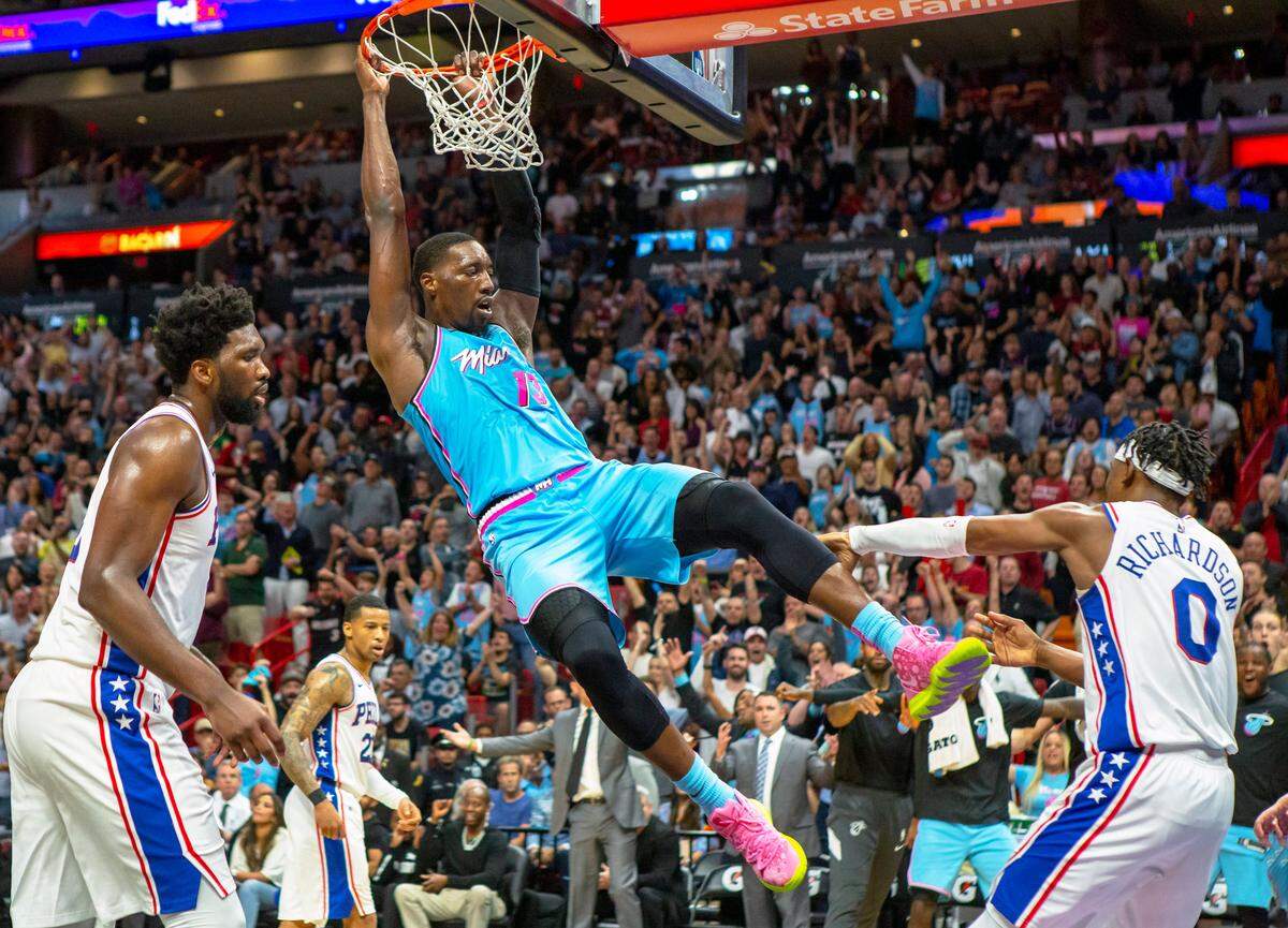 Miami Heat center Bam Adebayo (13) likes to dunk.