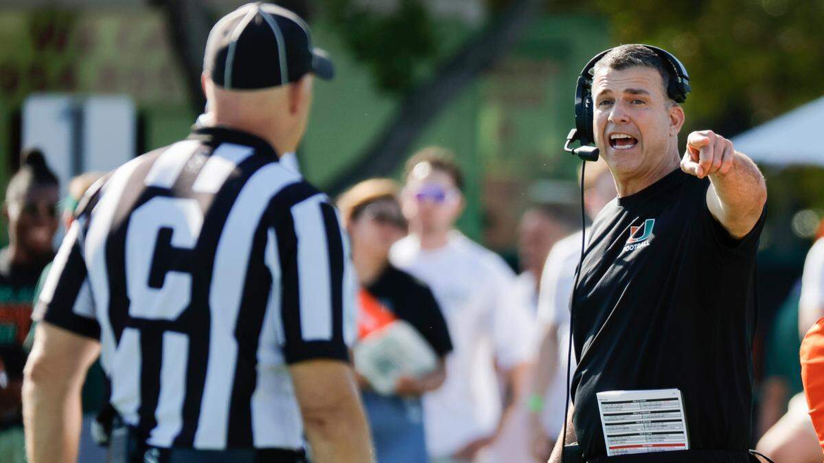Miami Hurricanes head coach Mario Cristobal reacts during the Canes spring football game at the University of Miami’s Cobb Stadium in Coral Gables, Florida on Saturday, April 13, 2024.