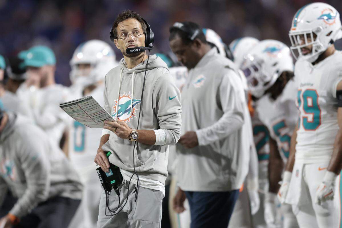 Miami Dolphins head coach Mike McDaniel on the sideline during the first half of their NFL football game against the Buffalo Bills at Highmark Stadium in Orchard Park, NY.