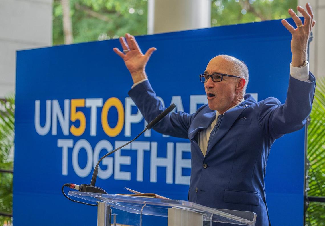 President Kenneth A. Jessell reacts as he speaks during a party to celebrate that for the first time, Florida International University has been named into the top 50 on U.S. News & World Report Best Colleges 2025 rankings, celebrated at FIU’s South Campus, in Miami, on Tuesday September 24, 2024.