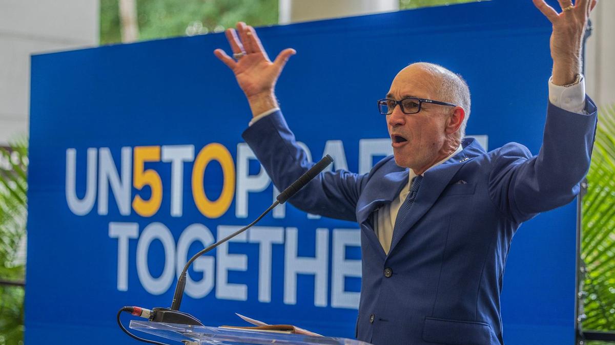 President Kenneth A. Jessell reacts as he speaks during a party to celebrate that for the first time, Florida International University has been named into the top 50 on U.S. News & World Report Best Colleges 2025 rankings, celebrated at FIU’s South Campus, in Miami, on Tuesday September 24, 2024.
