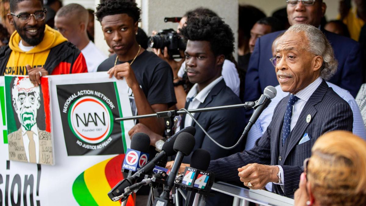 The Rev. Al Sharpton speaks to a crowd of hundreds from the steps of the Senate portico during the National Action Network demonstration in response to Gov. Ron DeSantis’ rejection of a high school African-American history course, Wednesday, Feb. 15, 2023, in Tallahassee, Florida.
