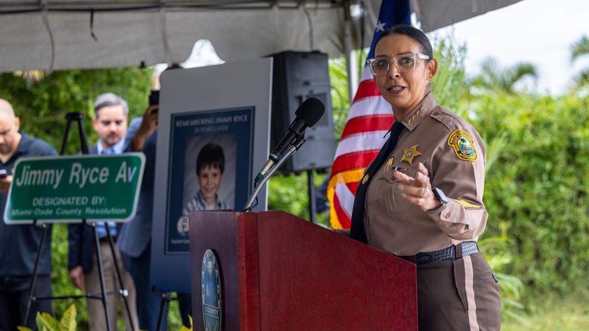 Miami-Dade Sheriff Rosie Cordero-Stutz speaks at the unveiling ceremony of Jimmy Ryce Avenue at the intersection of Southwest 162nd Avenue and 232nd Street in the Redland on Friday, June 5, 2026. The ceremony honored 9-year-old Jimmy Ryce, who was abducted and killed in 1995.